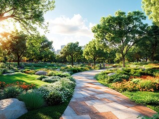 Obraz premium A color photograph showcases a well-maintained park or garden with a meandering stone pathway, leading to trees and a structure in the background The path is surrounded by lush vegetation of grasses