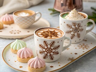Close up of coffee table with latte cups decorated with christmas cinnamon patterns and pastel colored desserts