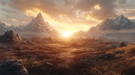 Obraz premium Majestic Mountain Range Sunset Golden Hour Landscape