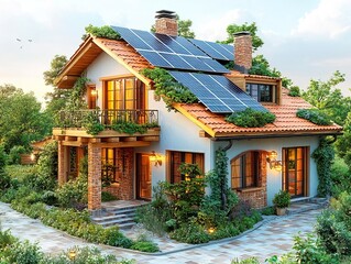 Obraz premium Modern sustainable house with eco-friendly features, blend of materials stone, wood, large glass windows, solar panels on roof, vines growing, covered porch, lush greenery, energy efficiency