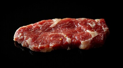 A raw piece of meat displayed on a reflective surface against a black background.