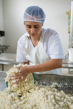 Cheesemaker working with fresh cheese curd in factory