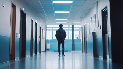 A young man stands alone in a modern hallway, looking ahead with a contemplative expression.