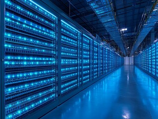Fototapeta premium A large-scale data center with numerous server racks, horizontally running cables, and non-reflective flooring