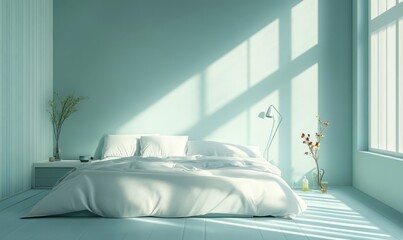 A minimalist and airy bedroom with muted pastel stripes in shades of blue and green creating a peaceful and serene atmosphere perfect for relaxation and rejuvenation.