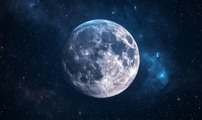Fototapeta premium A detailed, high-focus image of the Moon in space, with a clear view of its surface features set against a starry background, similar to the art style