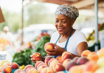 Smiling greengrocer selecting fresh peaches at a farmers market, offering locally grown produce