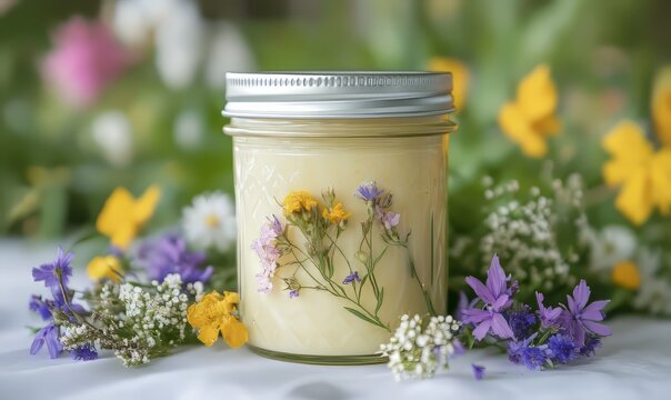 A detailed shot of a handpoured mason jar candle made with a blend of locally sourced beeswax and handpicked wildflowers providing a lovely natural scent and soft glow.