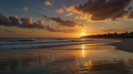 Obraz premium Golden sunset over a beach with calm waves reflecting the vibrant sky.