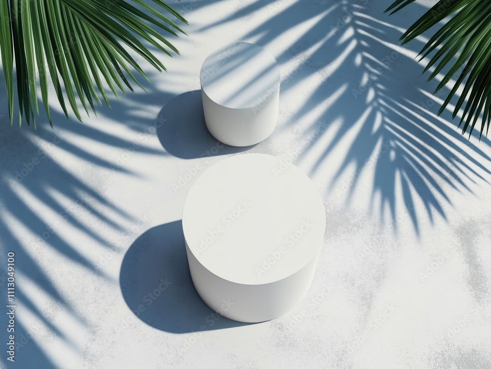 Poster top view of two white cylinder podiums. palm leaf shadows cast on a light gray surface. summer backg