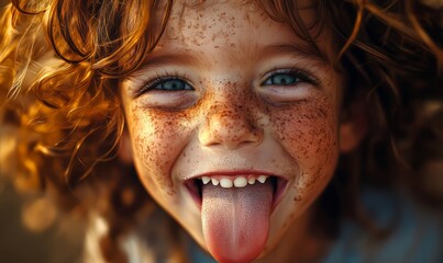 A cheerful child with messy hair sticks out his tongue playfully, showing his freckled face and bright eyes full of joy.
