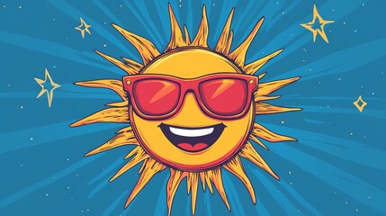 Smiling cartoon sun wearing sunglasses against a blue sky.