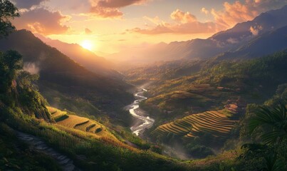 A stunning sunset over a picturesque valley with terraced fields and winding river, surrounded by majestic mountains and lush greenery.