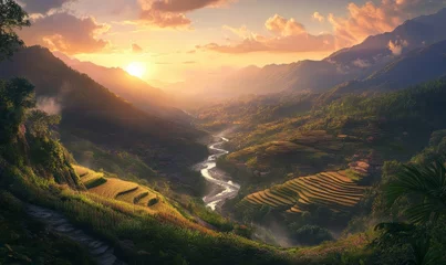 Gordijnen A stunning sunset over a picturesque valley with terraced fields and winding river, surrounded by majestic mountains and lush greenery. © Galina