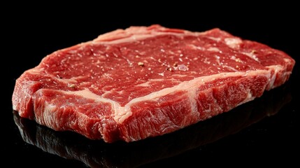 A raw piece of meat on a black surface, showcasing its texture and marbling.