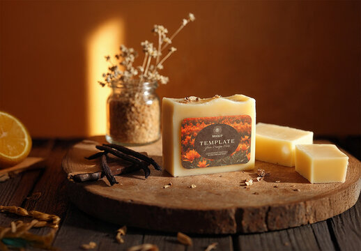 Artisan Soap Mockup with Natural Ingredients and Warm Tones