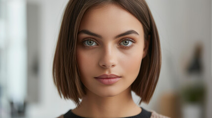 A stunning young woman showcases a fresh hairstyle at an upscale salon, radiating confidence and charm.