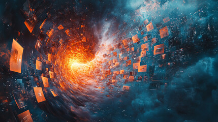 brain rot. A surreal illustration of an infinite scroll of digital content flowing into a human brain, featuring a cascade of blurred images and text boxes glowing softly against a deep blue and black