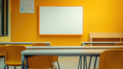 A bright classroom with orange walls, empty desks, and a whiteboard for teaching.