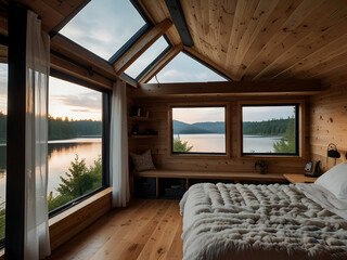 Cozy Bedroom in Tiny House on Wheels with Lake View, Wood Accents, and Open Ceiling Design