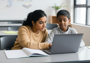 Indian teacher assisting a young boy student using a laptop for elearning in classroom