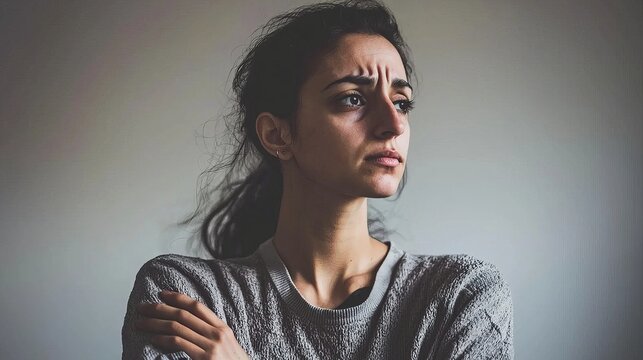 Pensive young Middle Eastern woman with long dark hair in a gray sweater looking off into the distance.