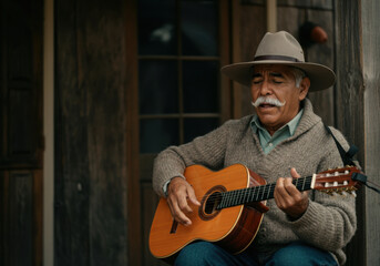 Obraz premium Elderly hispanic man with mustache and hat playing a spanish guitar while sitting on a porch of a wooden house