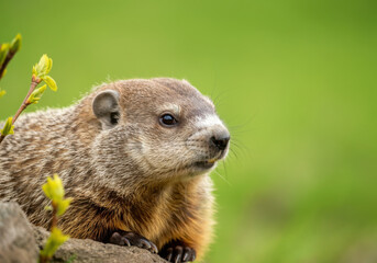 Groundhog peeking from its burrow in a green meadow during springtime