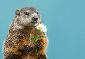 Groundhog holding a daisy flower in its paws on a seamless blue background