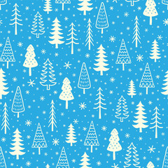 Obraz premium Small different white christmas trees and snowflakes isolated on blue background. Cute monochrome seamless pattern. Vector simple flat graphic hand drawn illustration. Texture.