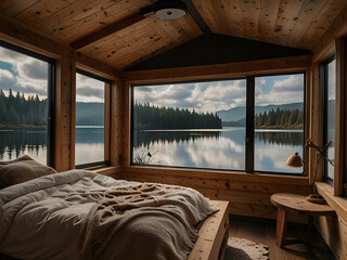 Cozy Bedroom in Tiny House on Wheels with Lake View, Wood Accents, and Open Ceiling Design
