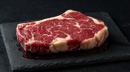 A raw ribeye steak displayed on a black slate plate, showcasing its marbling and freshness.