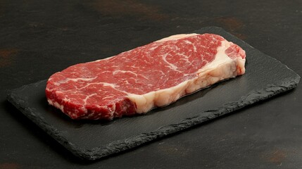 A raw ribeye steak displayed on a slate board, showcasing its marbled texture.
