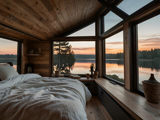 Cozy Bedroom in Tiny House on Wheels with Lake View, Wood Accents, and Open Ceiling Design