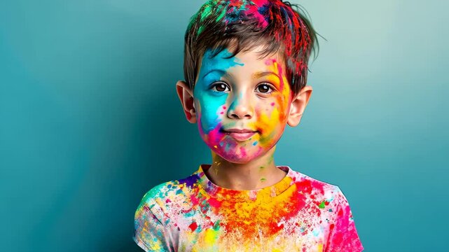 Vibrant 3D illustration for Holi celebration featuring a joyful child drenched in colorful hues.