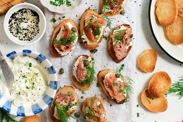 Baguette Crostini with Cream Cheese and Pink Pacific Salmon..style hugge