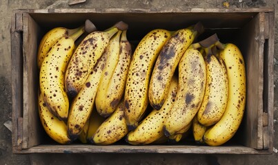 A crate full of ripe, spotted bananas ready for consumption.