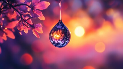 A water drop hangs mid-air, reflecting a vibrant sunset and blurred silhouettes in a dreamy backdrop.