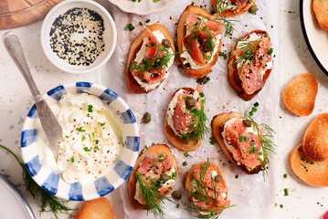 Baguette Crostini with Cream Cheese and Pink Pacific Salmon..style hugge