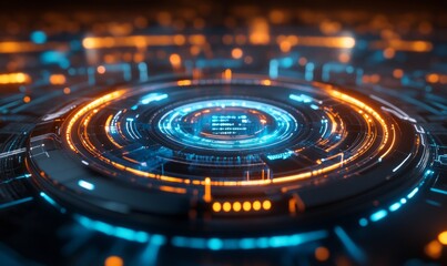 A glowing, futuristic circular interface with vibrant blue and orange lights, representing advanced technology and data visualization.