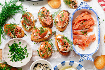 Baguette Crostini with Cream Cheese and Pink Pacific Salmon..style hugge