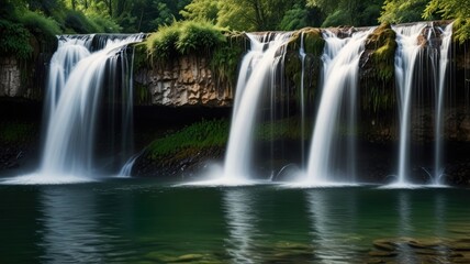 Fototapeta premium Serene cascading waterfall flowing into a tranquil pool.