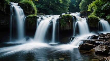 Cascading waterfalls in a lush green forest.