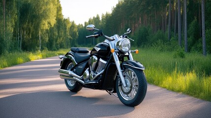 Close-up view of a black motorcycle's front wheel and headlight on a quiet asphalt road surrounded by lush green trees in soft light