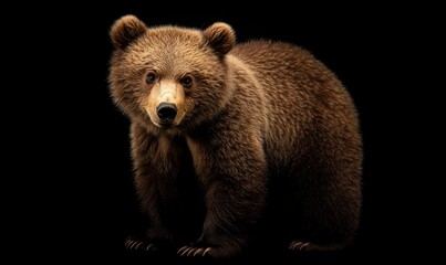 Obraz premium A young bear stands confidently, looking directly into the camera with a dark background enhancing its fur's warmth.