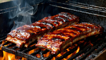 Three slabs of barbecue ribs cooking on a grill, covered in a dark, sticky sauce. The ribs have a ch