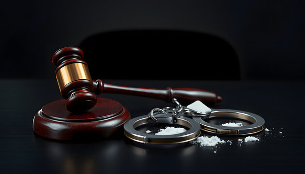 Judge gavel, handcuffs with white powder bag on dark table. Crime, robbery, drug trafficking concept isolated with white highlights, png