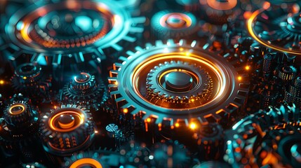 Intricate Network of Glowing Gears and Cogs in a Futuristic Mechanism