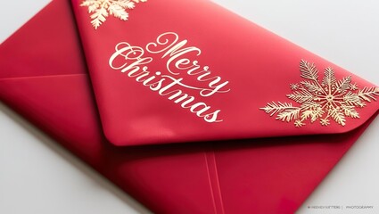Bright red envelope with gold decoration, Merry Christmas 2025, close-up