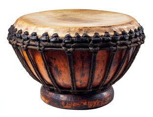 A vintage, wooden barrel drum with aged leather head and dark rope lacing, isolated on white.